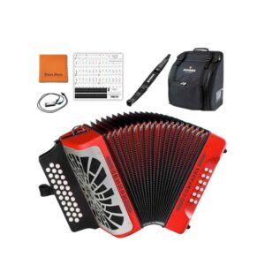 Hohner COGR Compadre GCF Accordion, Red & Silver Grille Bundle with Hohner Bag, Strap, Mini Harmonica, Juliet Music Polish Cloth & Piano Key Stickers